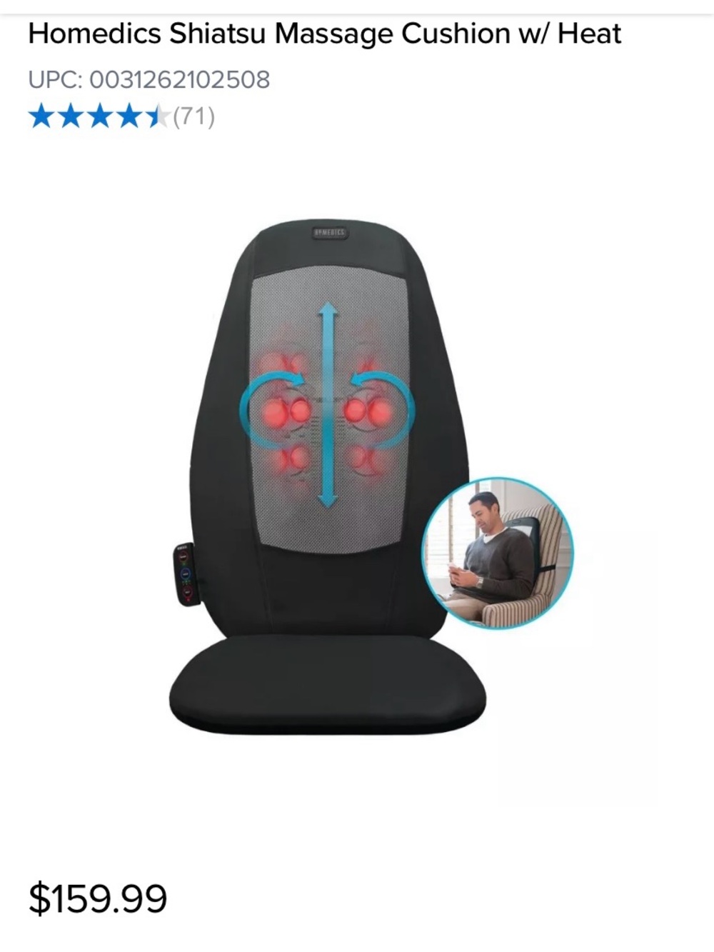 Homedics Black Shiatsu Massage Cushion with Heat